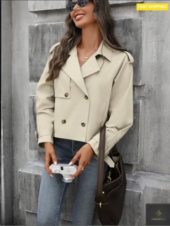 Cropped Trench Coat Oversized Double Breasted Classic Chic Fall Jacket new - Picture 4 of 10